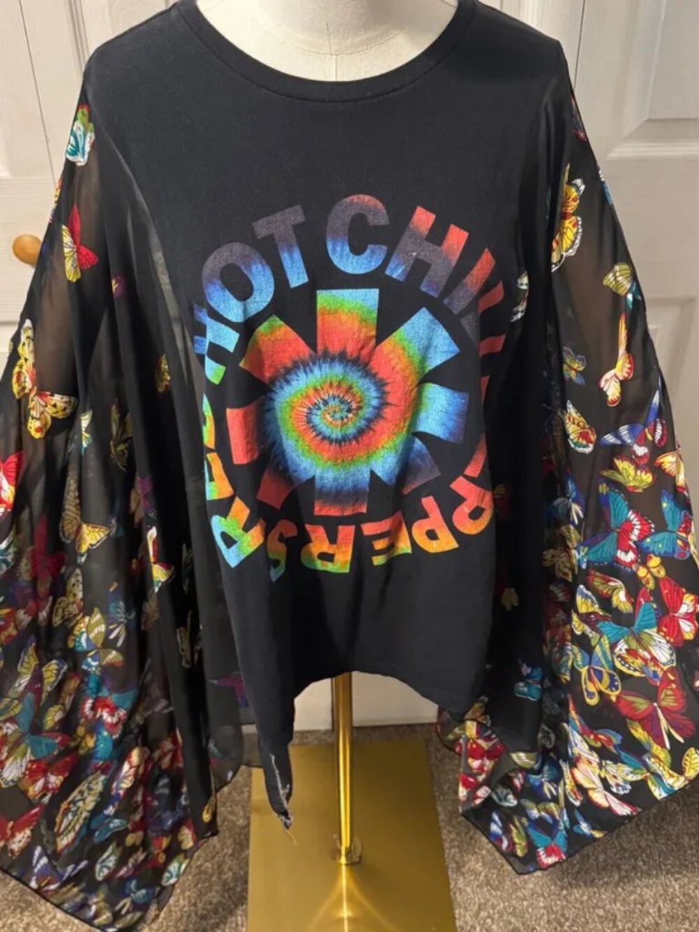 Red Hot Chili Peppers Upcycled T-shirt with Flowy Butterfly Print Sleeves OSFM